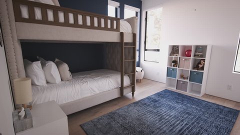 Kids bedroom in a modern family home, sunlight, no people, tilt shot