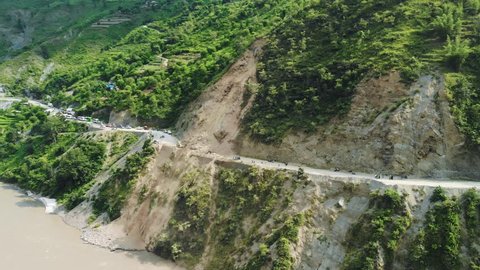 Massive Landslide Blocking a Road of Nepal - Aerial