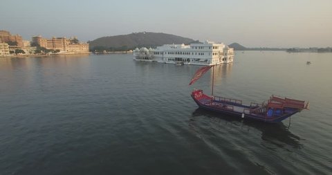 Lake Pichola and the City Palace in Udaipur, Rajasthan, India - 4K aerial