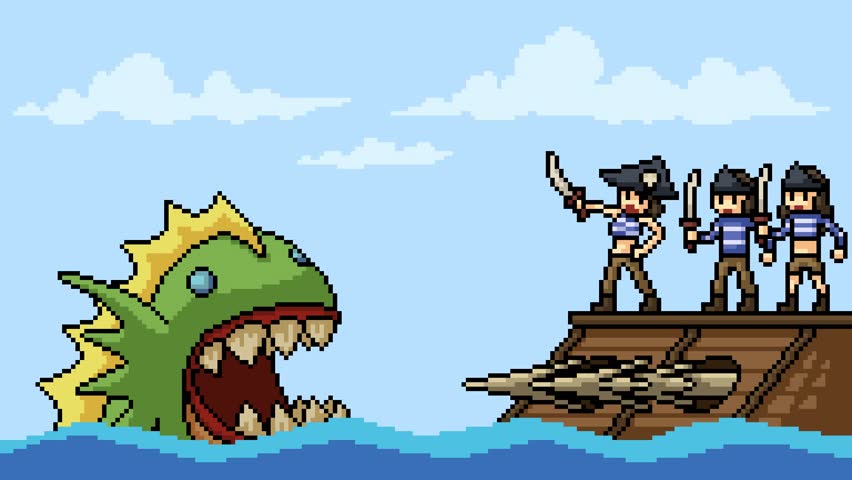 animation pixel art pirate fight monster cartoon loop