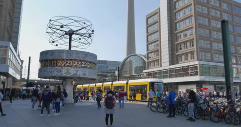 ALEXANDERPLATZ BERLIN GERMANY 3-29-2019: Large public square and transport hub in the central district of Berlin (Berlin Mitte). The square is named after the Russian Tsar Alexander I.