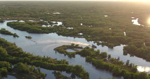 Airboat on Everglades at Sunset, Aerial Drone Slow Motion
