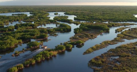 Overhead Aerial of Airboat in Swamp at Sunset, Slow Motion