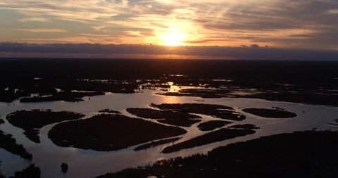 Florida Everglades Sunset, Aerial Drone Overhead Swamp