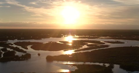 Florida Everglades Sunset, Aerial Drone Swamp Bayou Overhead