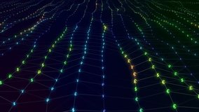 Futuristic abstract particle surface wave. Wavy grid of bright currency symbols creating curved plane. Futuristic 3D illustration. Stylized Hi-Tech backdrop with Depth of Field. Alpha channel matte - Powered by Shutterstock - Get 15% off with code: PIKWIZARD15