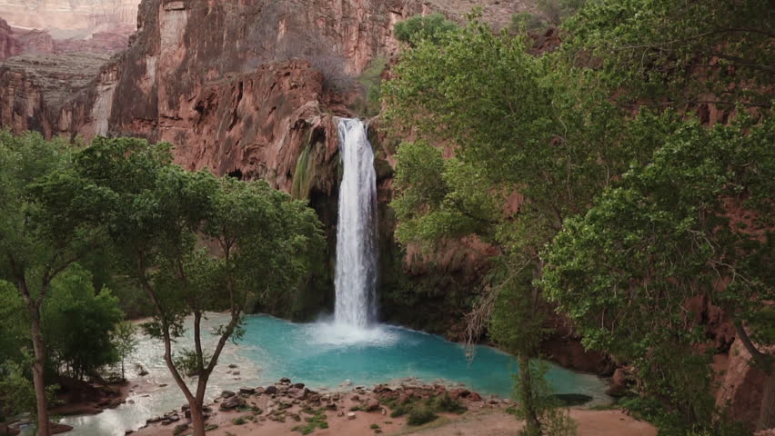 A slow motion shot of Havasu Falls at Havasupai Falls near Supai, Arizona in the Grand Canyon.