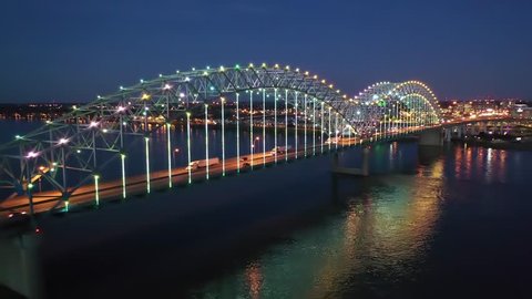 Aerial Pan of Memphis Hernando de Soto Bridge Lights at Night