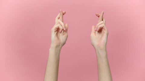 Woman hands keeping fingers crossed, waiting for special moment, making wish isolated over pastel pink background in studio. Copy space for advertisement. With place text or image promotional content.