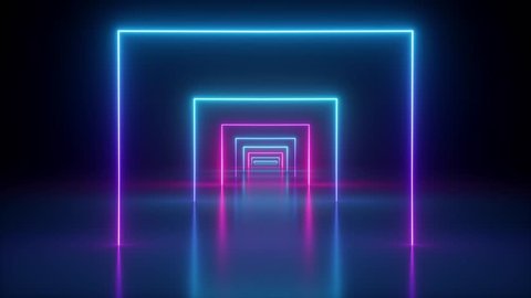 flight through spinning neon tunnel, pink blue light, moving fashion podium, abstract background, rotating frames, virtual reality, glowing lines