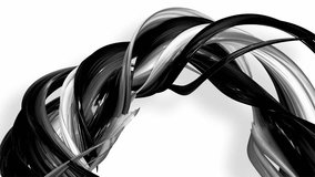 3D looped animation of abstract black-white ribbons twisting and move around with glitter in the light. 4k seamless footage with luma matte as alpha channel for easy change background. Ver. 84