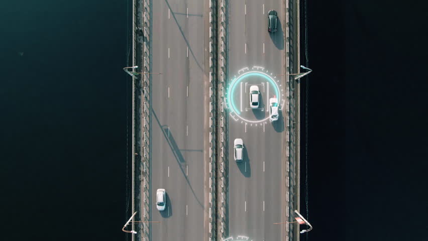 4k aerial view of driverless or autonomous car. Traffic passing by a highway. Plate number, speed limit and ID number displaying. Future transportation. Artificial intelligence. Self driving. Royalty-Free Stock Footage #1027187474