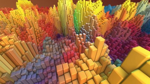 Moving cube block voxel low-poly abstract landscape 3D render animation