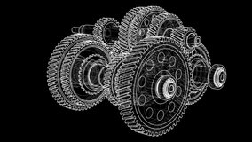 Outline gearbox concept. Wire-frame style. The layers of visible and invisible lines. Rotating gears, shafts and bearings. 3D illustration video