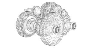 Outline gearbox concept. Wire-frame style. The layers of visible and invisible lines. Rotating gears, shafts and bearings. 3D illustration video