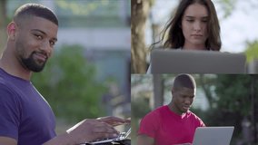 Collage of serious young Afro-American short-cut muscular men and pretty Caucasian woman sitting on bench in park, working on laptop. Sun shining. Lifestyle, work concept