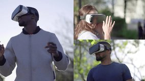 Collage of medium shots of young dark-haired excited woman and Afro-american men outdoor examining reality in virtual reality glasses, turning around, smiling. VR concept