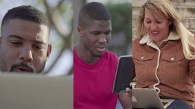 Collage of handsome Afro-american men with short hair and plumpy pretty Caucasian woman sitting outside, working on laptop, having video chat, looking joyful. Lifestyle, joy concept