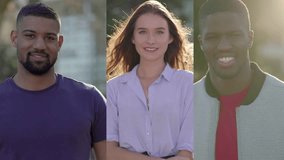 Collage of medium shots of confident young Afro-American short-cut muscular men and pretty Caucasian woman standing in park, looking at camera, smiling. Front view. Lifestyle concept concept