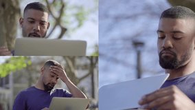 Collage of serious young Afro-American short-cut muscular man with stylish beard in blue T-shirt sitting on bench in park, working on laptop. Sun shining. Lifestyle, work concept 