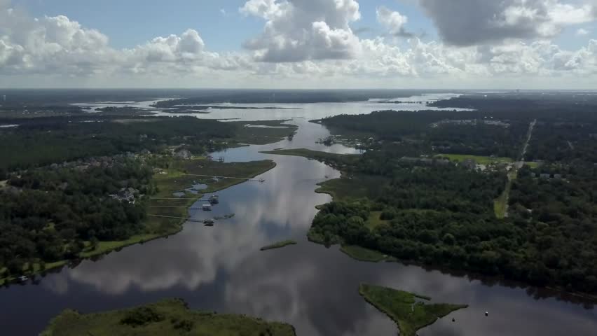 Drone shot looking over a river in Gulfport, MS