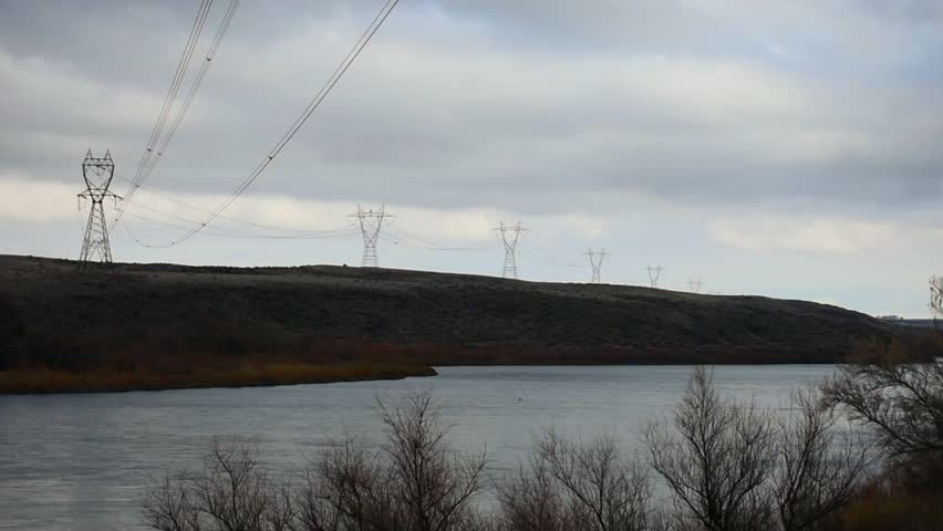 Winter Day at Transmission Line Crossing over Snake River in Idaho