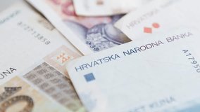 Footage of Croatian national Kuna paper currency.Close up video shot of Dalmatia region banknotes. Hravtska Kuna cash money