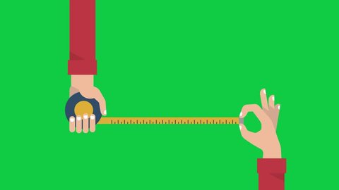 Men's hands is holding a metric roulette and measuring something by yellow tape. Motion graphics banner in flat style. Animation video isolated on green screen