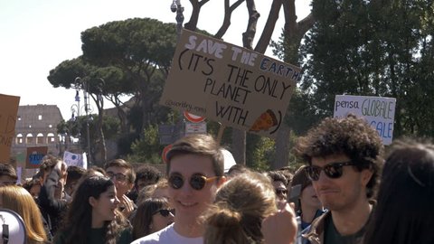 Rome,Italy, 15 March 2019: Global Climate Strike:People Picketing With Banners