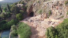 Aerial view of Cave of Banias, Hermon River, Ruins. Golan. Israel.