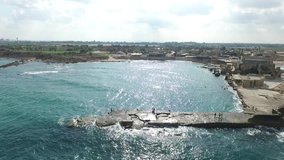 Aerial view of Bay, Sea, Rocks and Waves at Caesarea. Israel. 