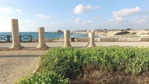 Drone Long View of Caesarea Old City. Israel. 