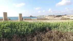 Drone Low and Long Shot Overview of Caesarea Old City. Israel. 