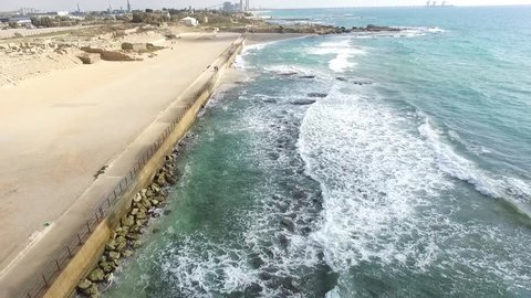 Flying over the shore line to the Caesarea Palace Ruins. Israel