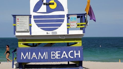 Miami Beach, Miami, Florida, USA - CIRCA 2018: Art Deco style Lifeguard hut on South Beach, Ocean Drive
