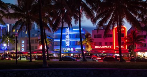 Miami, Florida, USA - CIRCA 2018: Art deco district, Ocean Drive, South Beach, Miami Beach
