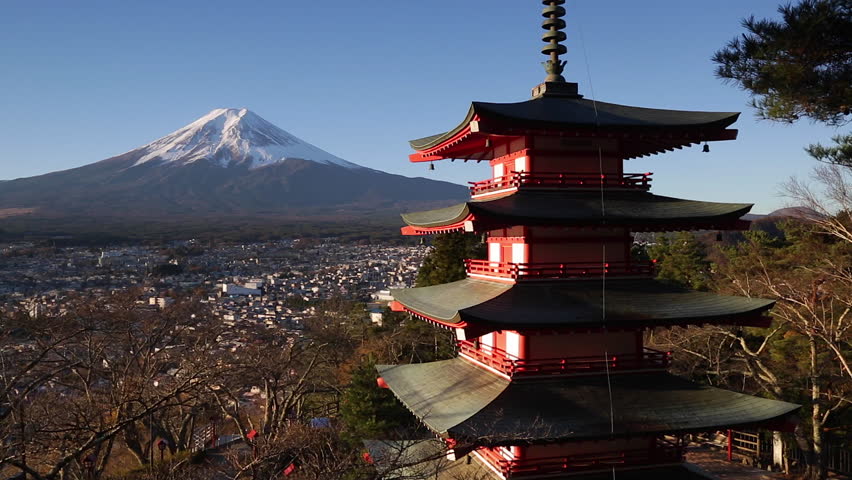 Fujiyoshida, Shizuoka, Honshu, Japan - CIRCA 2017: Snowy Mount Fuji and Chureito Pagoda at Arakura-yama Sengen-koen park, 4K | Shutterstock HD Video #1027219505