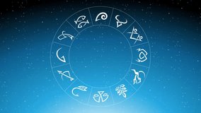 Animation of Zodiac Star Signs Rotating Around White Line Art Leo Zodiac Sign Over Blue Starry Sky