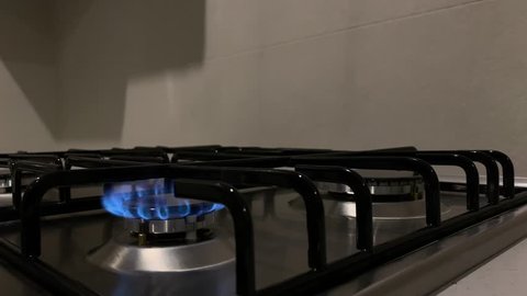 Stove burner igniting into a blue cooking flame