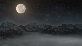 Beautiful night view starry skies with twinkling stars and full moon and snowy mountains surrounded by clouds or fog. - Powered by Shutterstock - Get 15% off with code: PIKWIZARD15