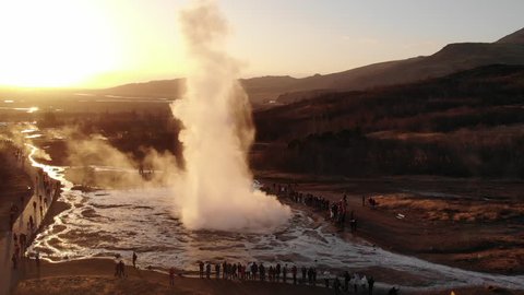 Geyser Drone Eruption Iceland Golden Hour