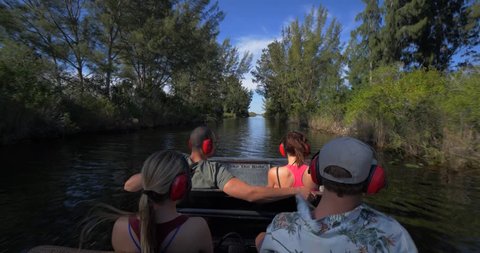 Everglades, Florida / United States - September 4, 2018: Airboat Tour of Everglades, Passengers in Slow Motion