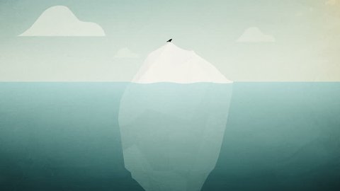 Big iceberg floating on water waves with underwater part with a bird sitting on the peak, vector illustration flat cartoon style, animation 