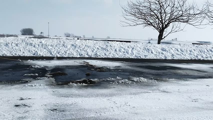 panning shot of bare trees and a frozen lake