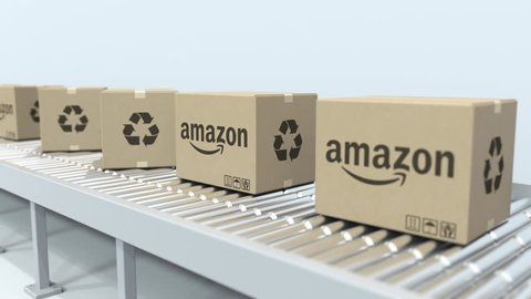 Boxes with AMAZON logo move on roller conveyor. Loopable editorial 3D animation