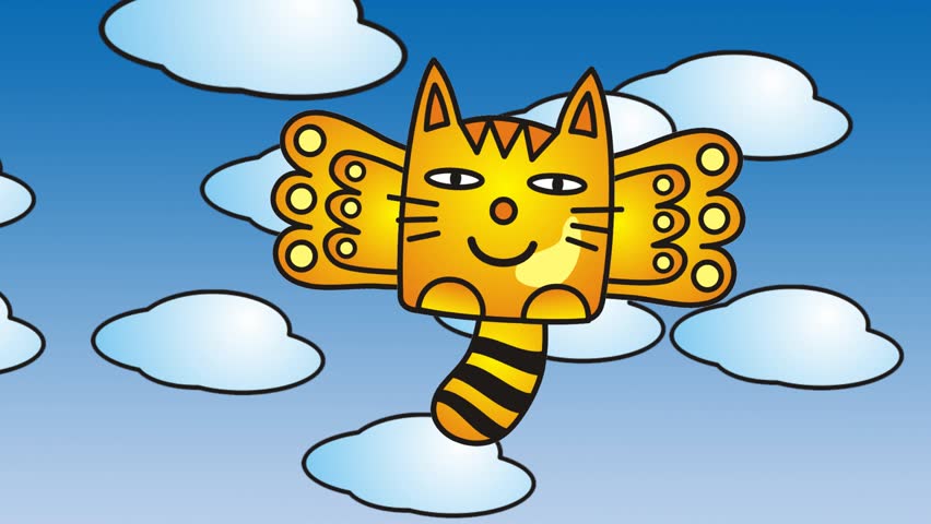 Cat with wings, fluttering among the clouds. Cartoon humorous video.