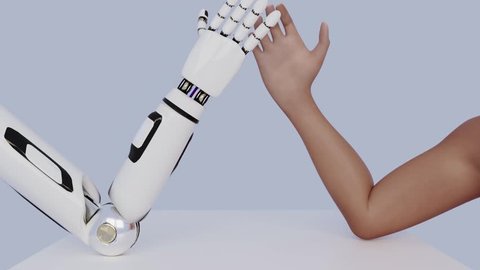 Armwrestling between human and robot. Two hands on the table. Photo-realistic 3D animation.