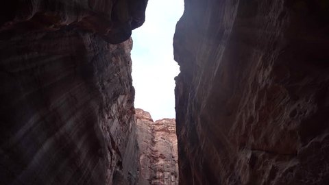 High Camera Angle Inside Narrow and Depp Passage of Al Siq Canyon in Ancient City of Petra