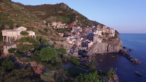 Riomaggiore hillside village, Cinque Terre, Italy, Aerial View