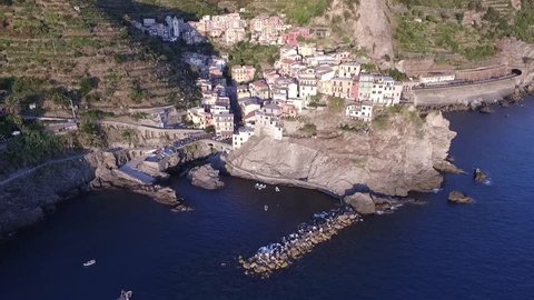 Riomaggiore hillside village, Cinque Terre, Italy, Aerial View